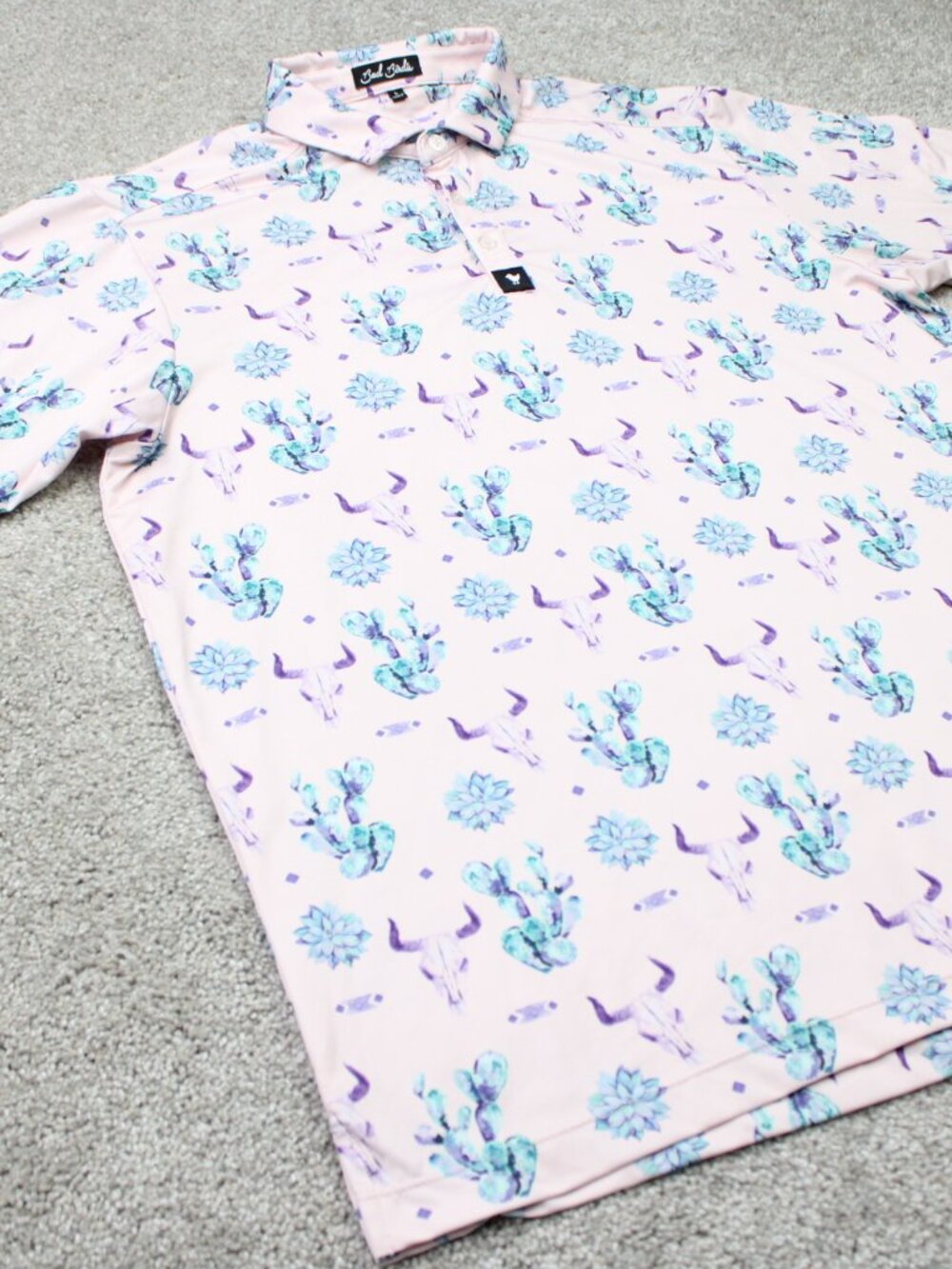 Bad Birdie The Ranch Polo Shirt Mens Large Pink Cactus & Cow AOP Short Sleeve - Picture 5 of 11
